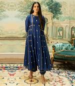 Electric blue silk kurta pant set