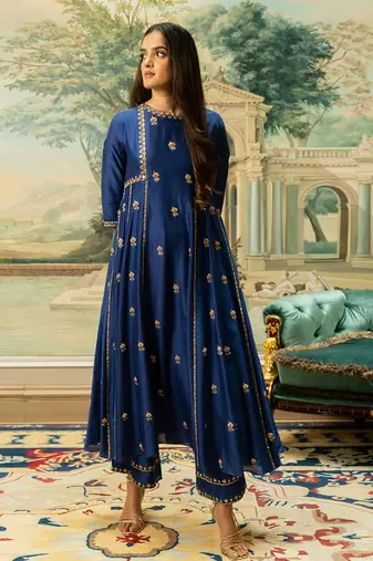 Electric blue silk kurta pant set