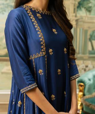 Electric blue silk kurta pant set 3