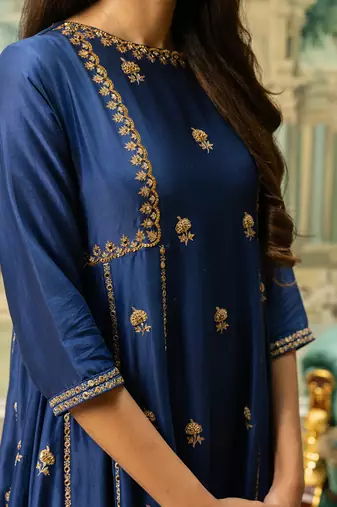 Electric blue silk kurta pant set