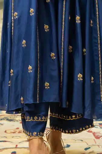 Electric blue silk kurta pant set