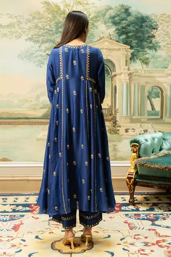 Electric blue silk kurta pant set