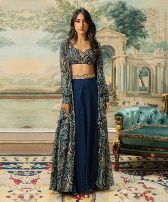 Navy Blue Georgette Palazzo Set with Multicolor Printed Crop Top and Jacket 1