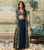 Navy Blue Georgette Palazzo Set with Multicolor Printed Crop Top and Jacket