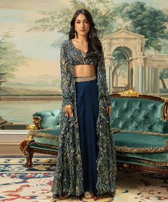 Navy Blue Georgette Palazzo Set with Multicolor Printed Crop Top and Jacket 2