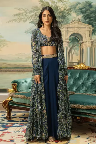 Navy Blue Georgette Palazzo Set with Multicolor Printed Crop Top and Jacket