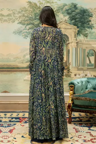 Navy Blue Georgette Palazzo Set with Multicolor Printed Crop Top and Jacket