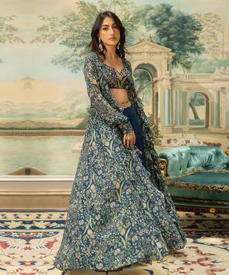 Navy Blue Georgette Palazzo Set with Multicolor Printed Crop Top and Jacket 4