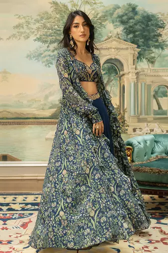 Navy Blue Georgette Palazzo Set with Multicolor Printed Crop Top and Jacket