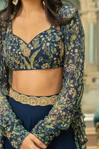 Navy Blue Georgette Palazzo Set with Multicolor Printed Crop Top and Jacket