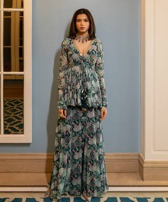 Turquoise green georgette peplum pants set 1