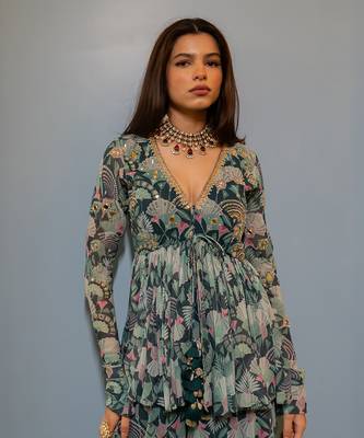 Turquoise green georgette peplum pants set 2