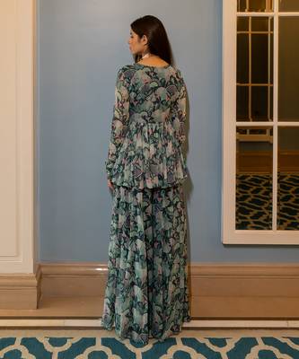 Turquoise green georgette peplum pants set 3