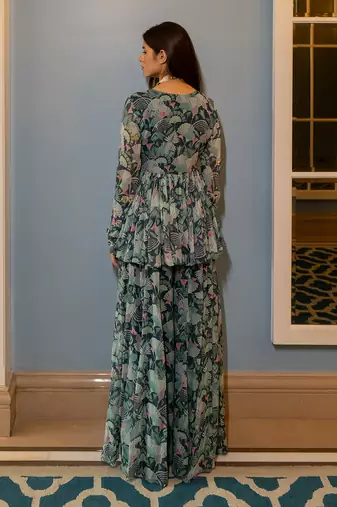 Turquoise green georgette peplum pants set