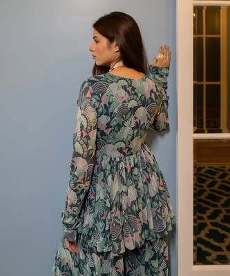 Turquoise green georgette peplum pants set 4