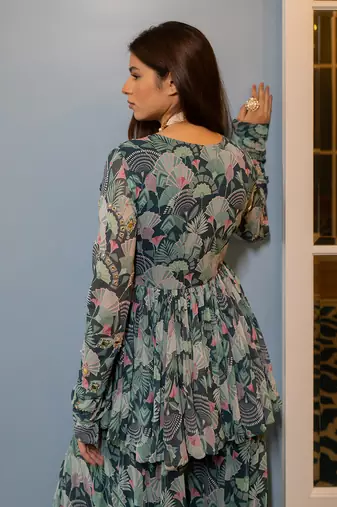 Turquoise green georgette peplum pants set