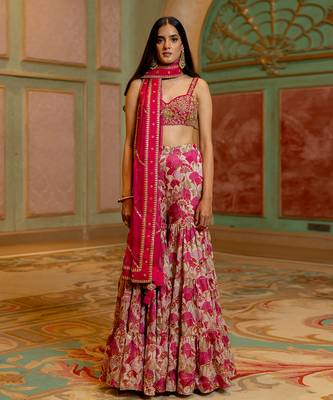 Pink satin sharara lehenga set 1