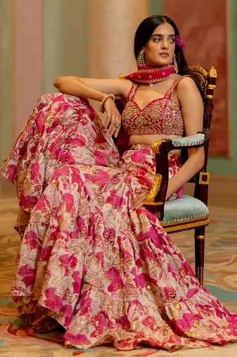 Pink satin sharara lehenga set
