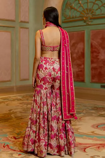 Pink satin sharara lehenga set