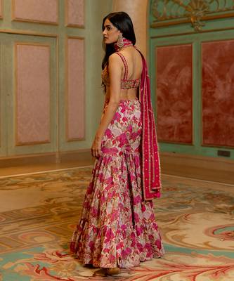 Pink satin sharara lehenga set 4