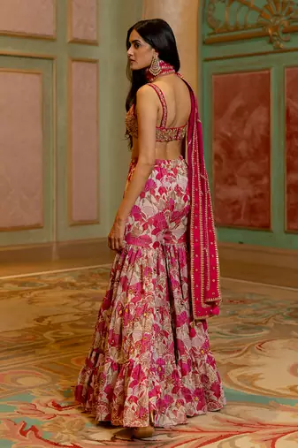 Pink satin sharara lehenga set