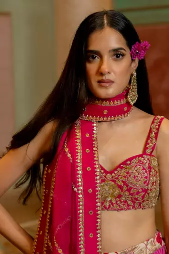 Pink satin sharara lehenga set