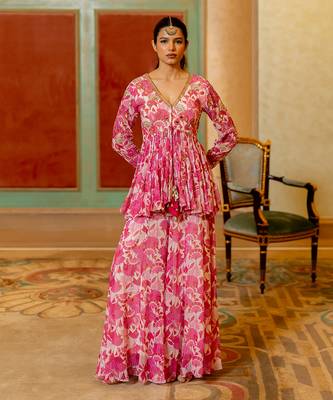 Pink georgette peplum set 1