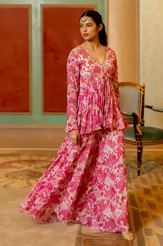 Pink georgette peplum set