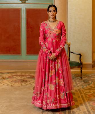 Pink silk anarkali set 1
