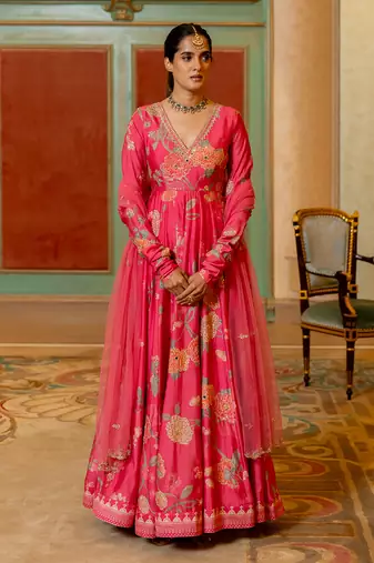 Pink silk anarkali set