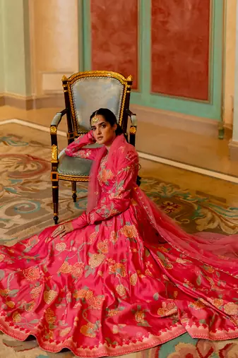 Pink silk anarkali set