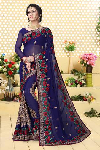 Navy Blue Multi Resham Zari Embroidery Georgette Saree