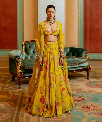 Lime Yellow Floral Printed Lehenga Set 1