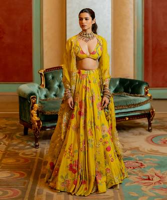 Lime Yellow Floral Printed Lehenga Set 2