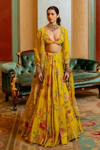 Lime Yellow Floral Printed Lehenga Set