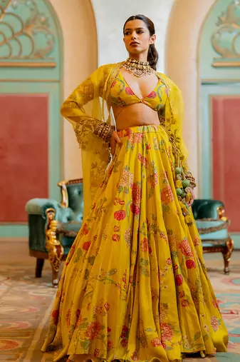 Lime Yellow Floral Printed Lehenga Set