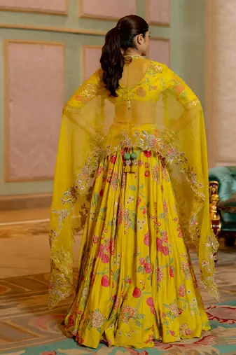 Lime Yellow Floral Printed Lehenga Set