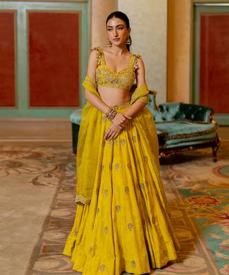 Lime Yellow Self Woven Jacquard Lehenga Set 1