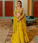 Lime Yellow Self Woven Jacquard Lehenga Set