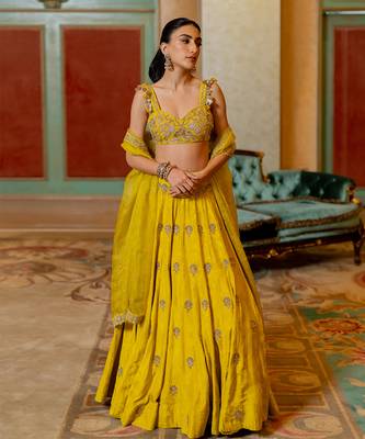 Lime Yellow Self Woven Jacquard Lehenga Set 2