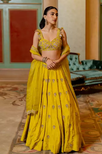 Lime Yellow Self Woven Jacquard Lehenga Set