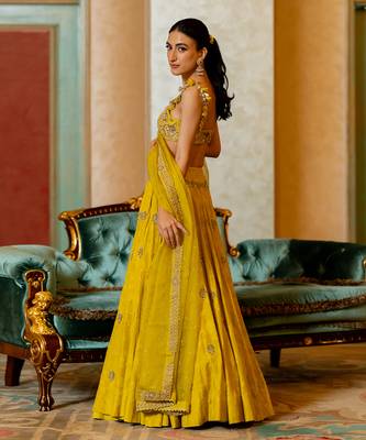 Lime Yellow Self Woven Jacquard Lehenga Set 3