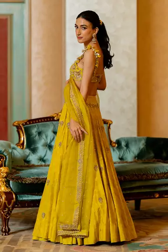 Lime Yellow Self Woven Jacquard Lehenga Set