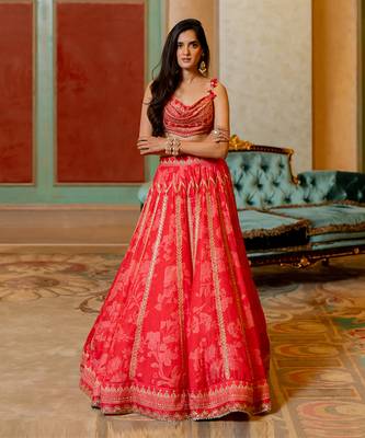 Cherry Red Mono Tone Printed Lehenga Set 1
