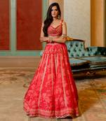 Cherry Red Mono Tone Printed Lehenga Set
