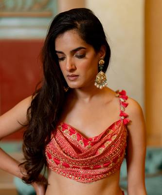 Cherry Red Mono Tone Printed Lehenga Set 3