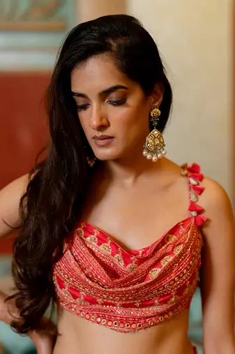 Cherry Red Mono Tone Printed Lehenga Set