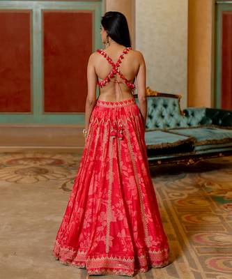 Cherry Red Mono Tone Printed Lehenga Set 4
