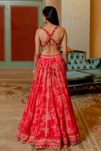 Cherry Red Mono Tone Printed Lehenga Set