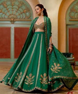 Emerald Green Hand Embroidered  Lehenga Set 1